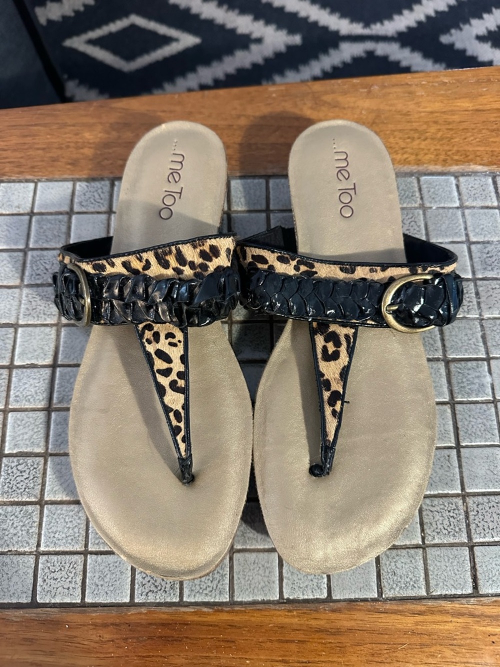 me too Leopard Print and Black Braided Thong Sandals